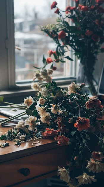 Verwelkte bloemen op een bureau vergeten metafoor voor verwaarlozing onder stress