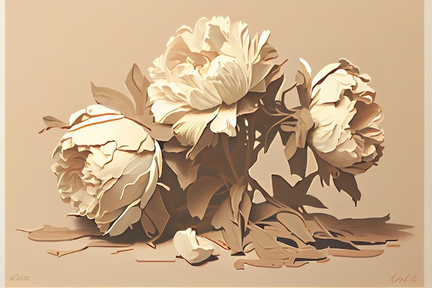 Verwelkte peony bloemen op beige geïsoleerde achtergrond stijlvolle moderne retro bloem concept voor mockup en poster kopie ruimte ruimte voor tekst moderne kleuren Generatieve AI