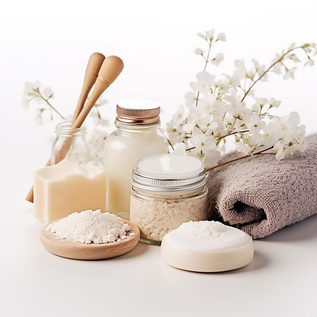 Verwen Essentials Cosmetic Spa Body Care Kit op een schone witte achtergrond