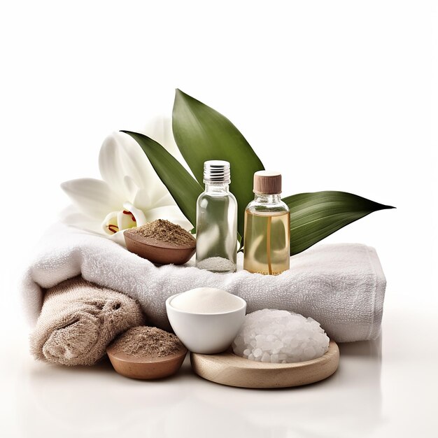 Verwen Essentials Cosmetic Spa Body Care Kit op een schone witte achtergrond