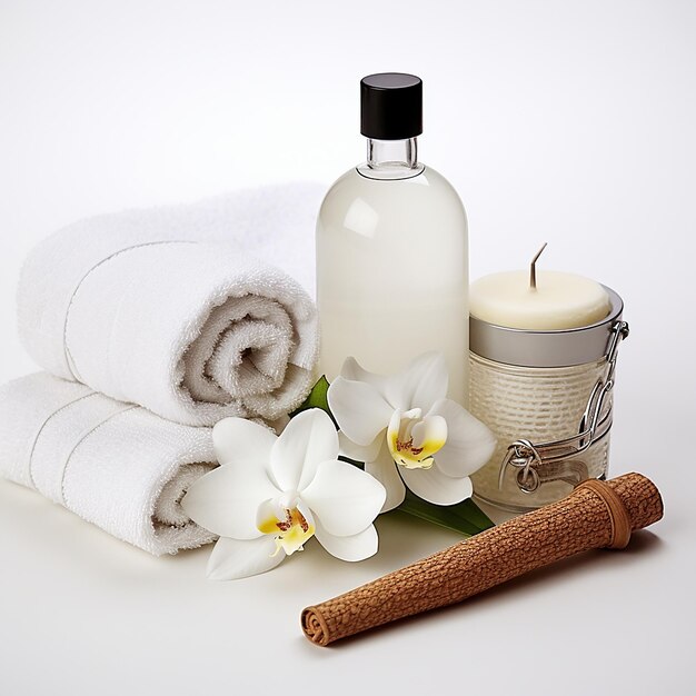 Verwen Essentials Cosmetic Spa Body Care Kit op een schone witte achtergrond