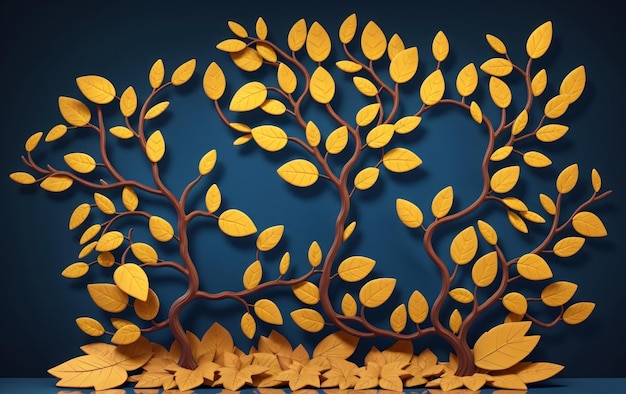 Verweven takken van bomen met gele bladeren op een donkere vlakke achtergrond