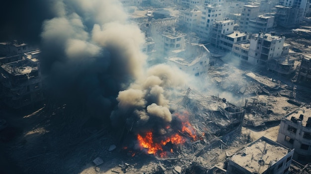 Verwoestende brand tegen een verwoest stadsbeeld in de nasleep van een luchtaanval