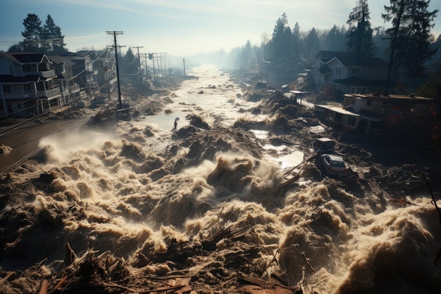 Foto verwoestende tsunami die de immense verwoesting en chaos uitbeeldt die in zijn kielzog is achtergebleven