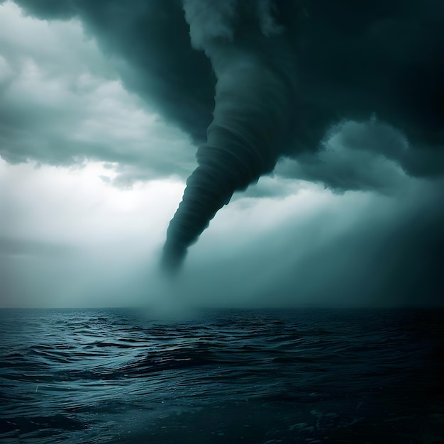 Verwrongen enorme tornado storm effecten op oceaan water met wolken