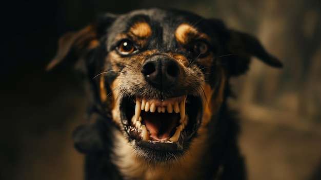 Очень агрессивная бешенская собака с большими зубами и опасным яростным взглядом Атака страшной дикой собаки на людей