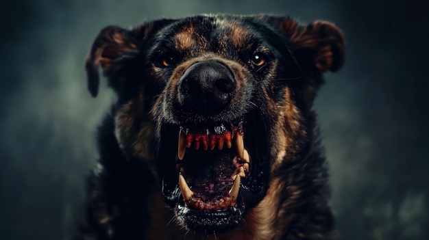 Foto cane rabbioso molto aggressivo con denti grandi e sguardo furioso pericoloso attacco di cani selvatici spaventosi sulle persone