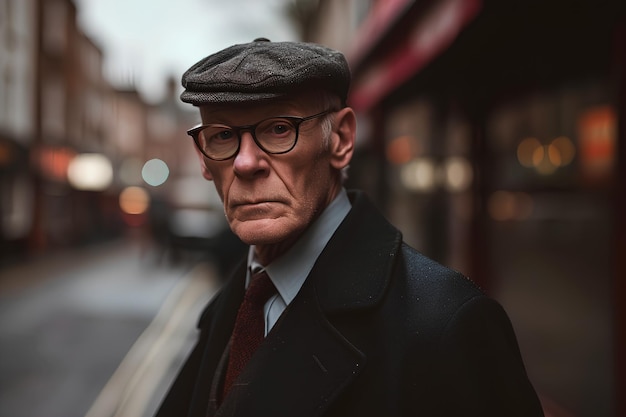 Photo a very atmospheric portrait of a typical british older man in a classic suit and cap london bridge