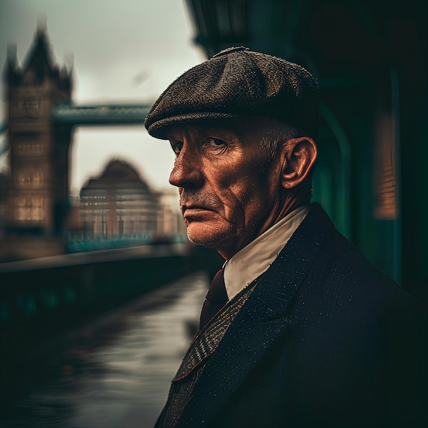 Foto un ritratto molto atmosferico di un tipico uomo anziano britannico in un abito classico e un berretto london bridge