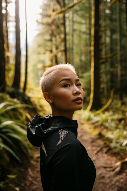 Very attractive thin asian woman with dyed hair hiking in the forest