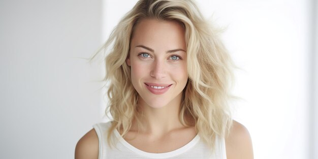 A very beautiful 30yearold blond woman with a gentle smile against a white background Natural charm and inner beauty AI Generative AI