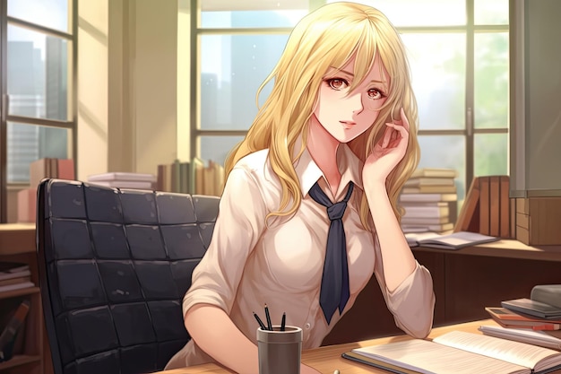 Very beautiful blond anime cartoon teacher woman illustration generative ai