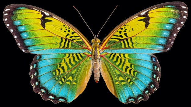 Very beautiful blue yellow green butterfly in flight