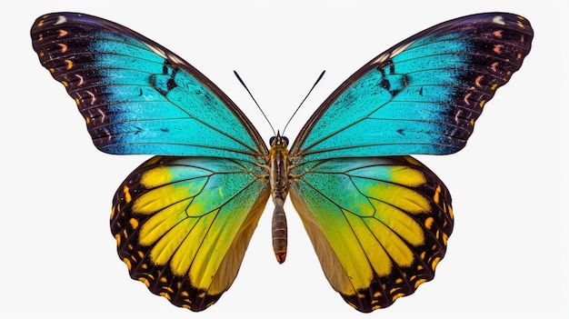 Very beautiful blue yellow green butterfly in flight