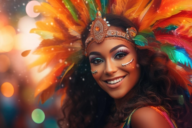 ブラジルのリオデジャネイロのカーニバルのために服を着た非常に美しい女の子がカメラに見える