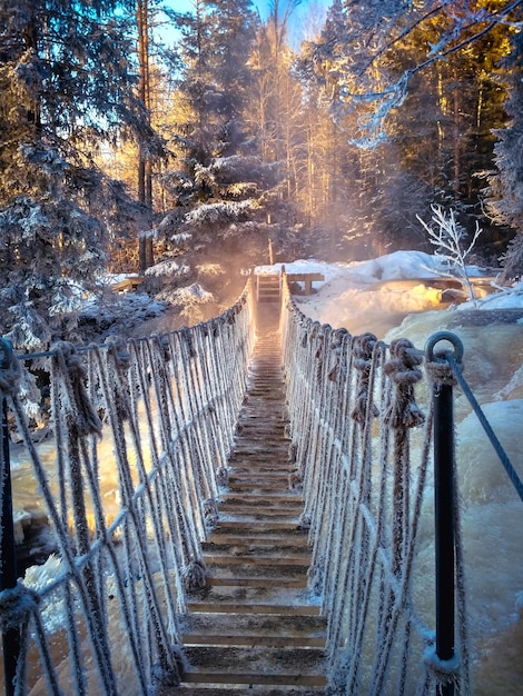 Very beautiful hanging bridge over waterfalls in karelia