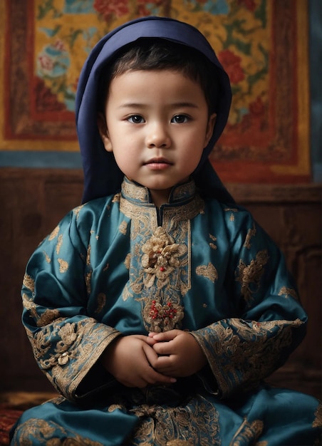 A very beautiful little man about two years old wearing a white anklelength dress called a thobe