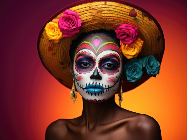 Very beautiful mexican woman with day of the dead make up vividcolor background vibrant colors