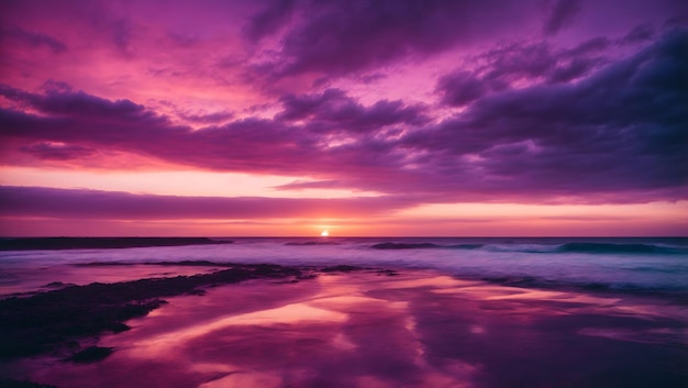 Very beautiful widescreen atmospheric natural seascape of sunset with textured sky in purple tones