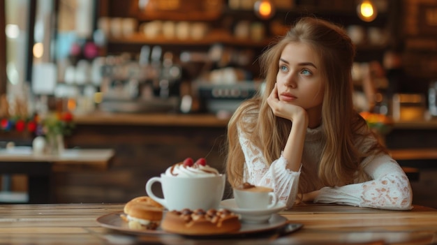 카페에서 혼자 앉아 있는 아주 아름다운 여자