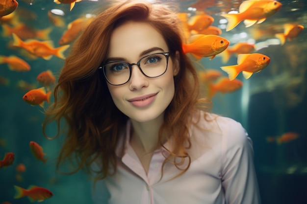 Very beauty smiling young business woman with glasses swimming underwater looking on camera