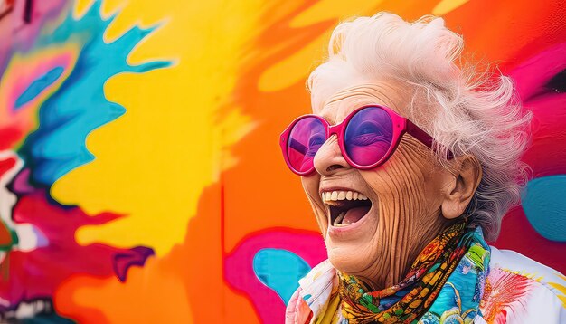 Foto vecchia donna molto luminosa e felice che ride con occhiali eleganti su uno sfondo multicolore