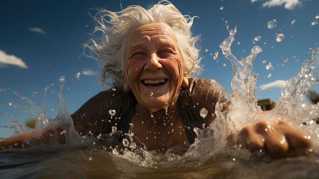 Photo very cheerful elderly woman in the sea swimming next to the beach