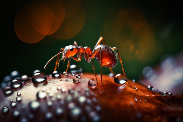 Very close and detailed macro portrait of an ant on a dark background