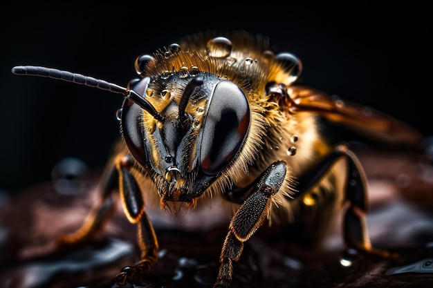 Very close and detailed macro portrait of a bee covered in nectar and honey against