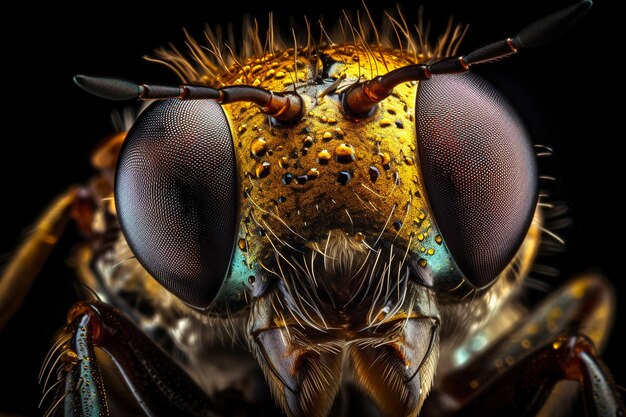 Very close and detailed macro portrait of a housefly with large eyes against a dark background