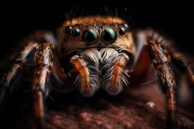 Very close and detailed macro portrait of a spider against a dark background