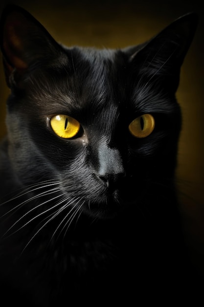 Very close up photo of black cat with yellow eyes