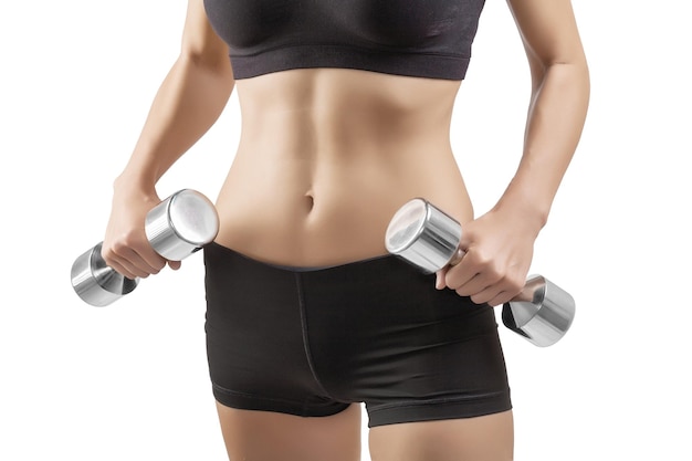 Very close up view on female holding dumbbells in hands isolated