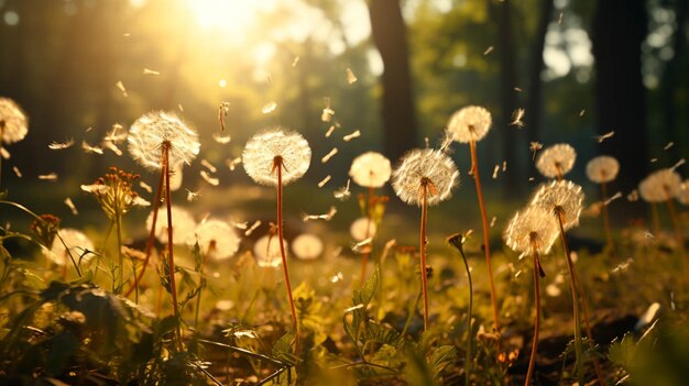 Very closeup dandelion flower growing in a blurred forest