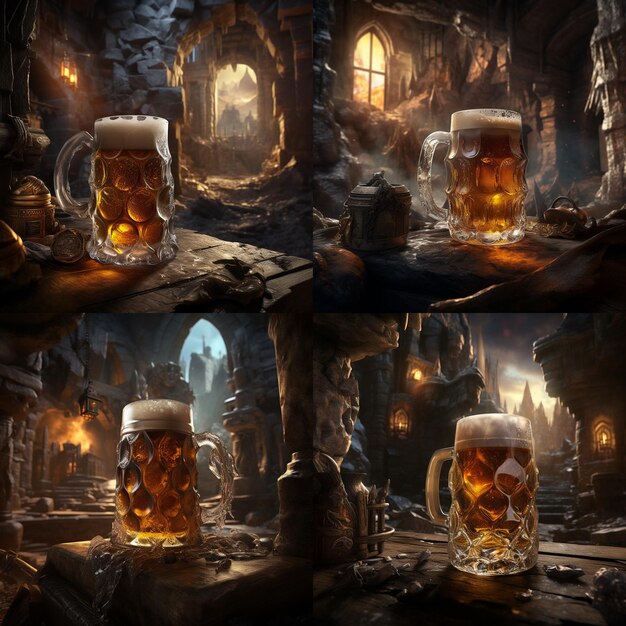 Very cold beer in a snowy castle fantasy world Spooky atmosphere