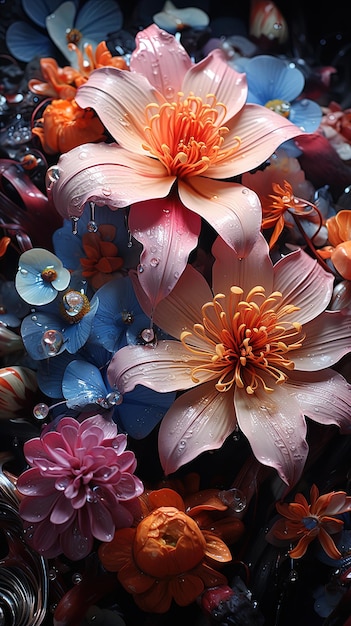 Foto composizione floreale molto colorata con elementi naturali ia generativa