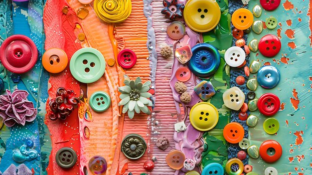 Very colorful image with a variety of objects attached to the surface including buttons beads rhinestones and other small items