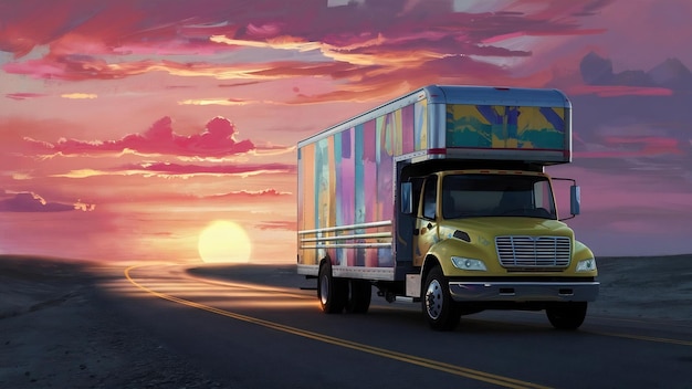Very colorful sunset and a moving truck on an asphalt road