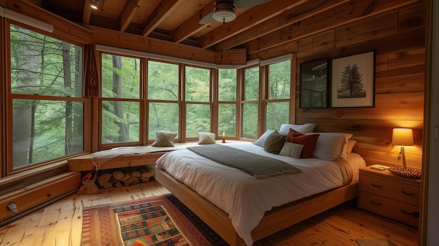 Очень уютная спальня в экологически чистом доме в лесу.