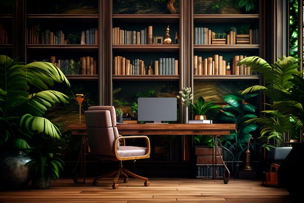 Очень уютный домашний офис с письменным столом и книжными полками, зелеными растениями. Гармония в работе.