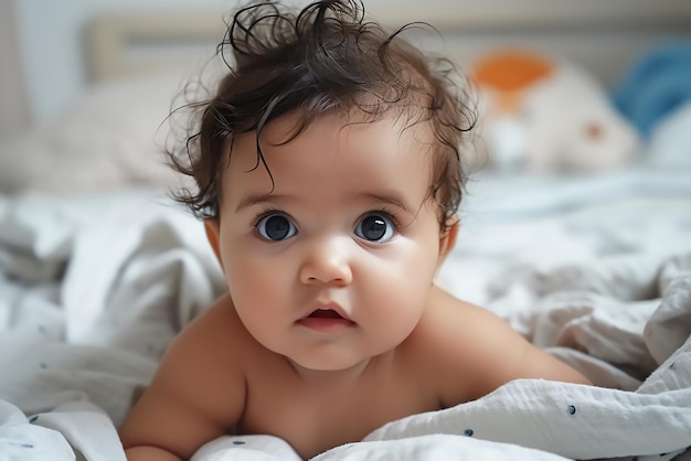 Foto un bambino molto carino sdraiato sul letto.