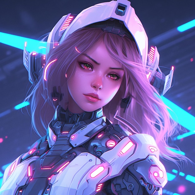 Very cute and cute anime style cyborg girl in white armor generative ai