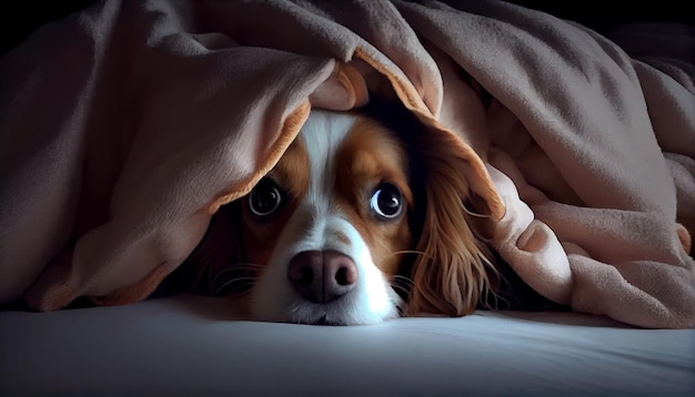 A very cute dog crawled under the covers and touchingly misses his owner Generate Ai