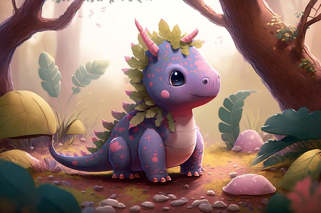 Very cute little baby dragon with pastel color standing in the peaceful forest CG artwork concept