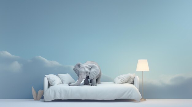 A very cute little elephant lies on a blue bed Image of a cute minimalist watercolor style