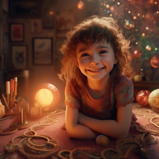 A very cute little girl is smiling in her beautiful bedroom