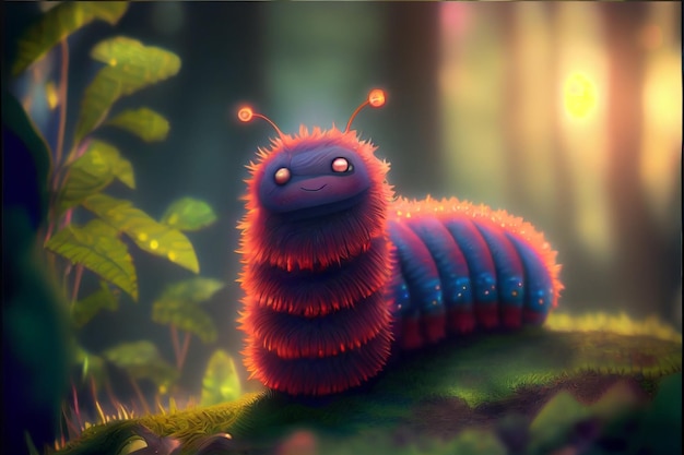 A very cute looking caterpillar with a bright red face and blue eyes.