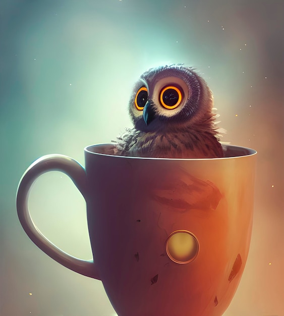 Very cute owl chick nesting in a futuristic mug