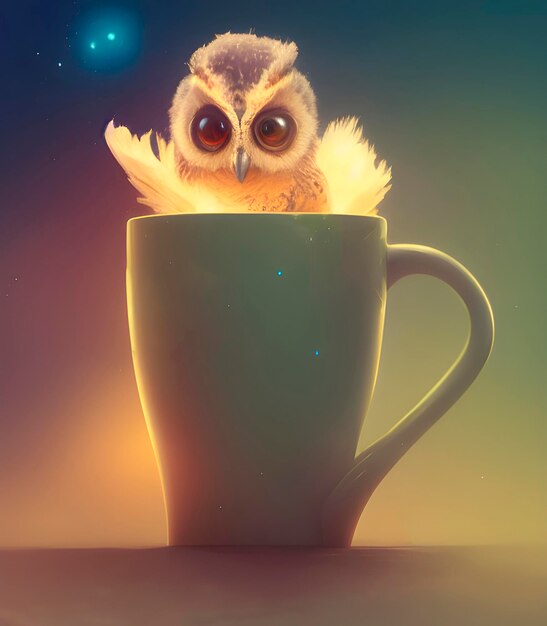 Very cute owl chick nesting in a futuristic mug