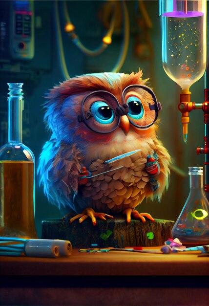 A very cute owl with a large eyeglasses and a syringe.